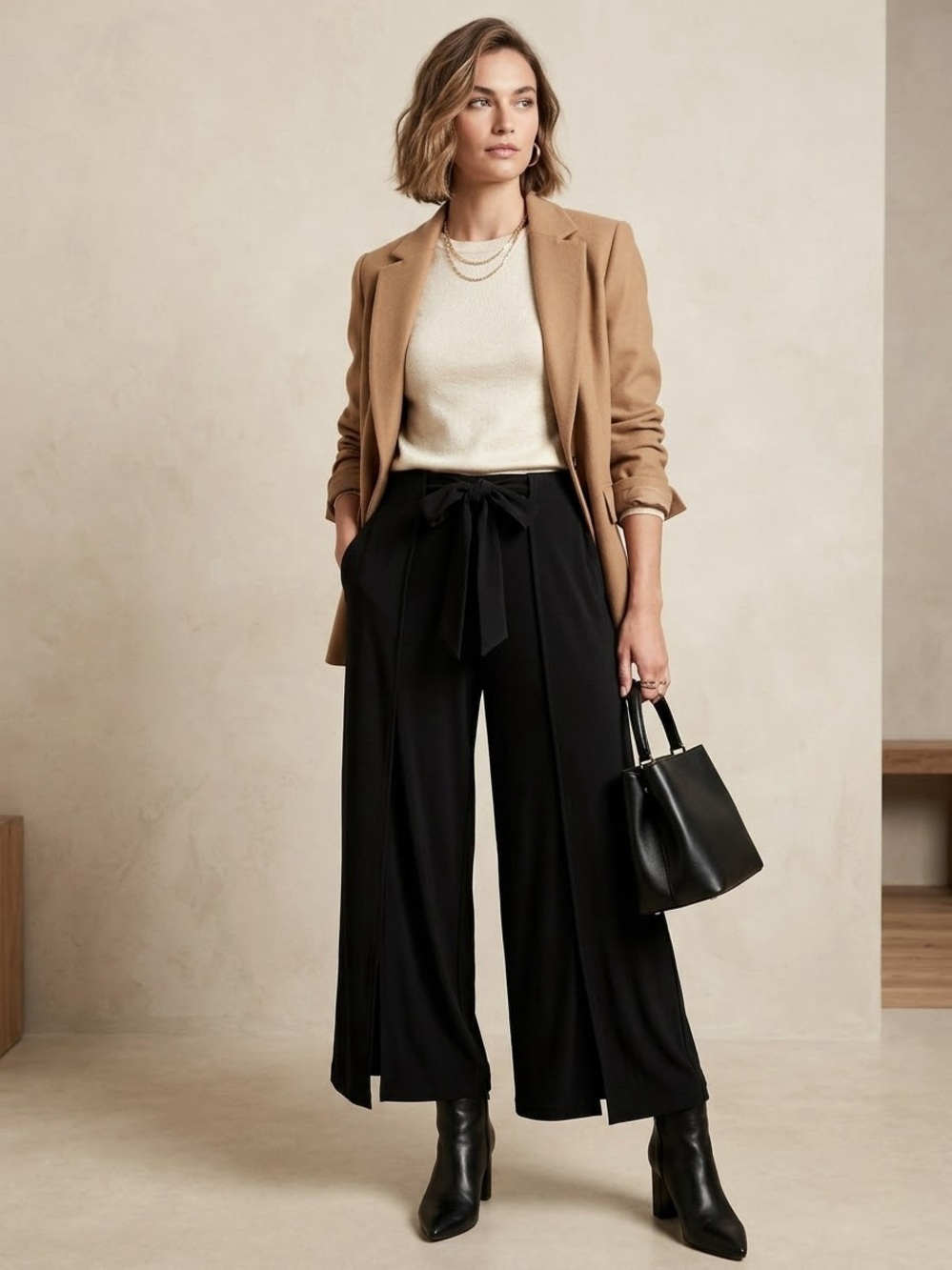 WHBM Wide Leg Crop High Rise Wrapover Tie Waist Palazzo Pants Medium